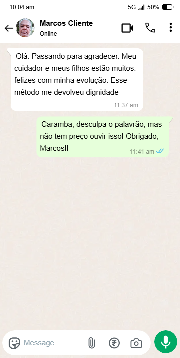 Depoimento de cliente no WhatsApp